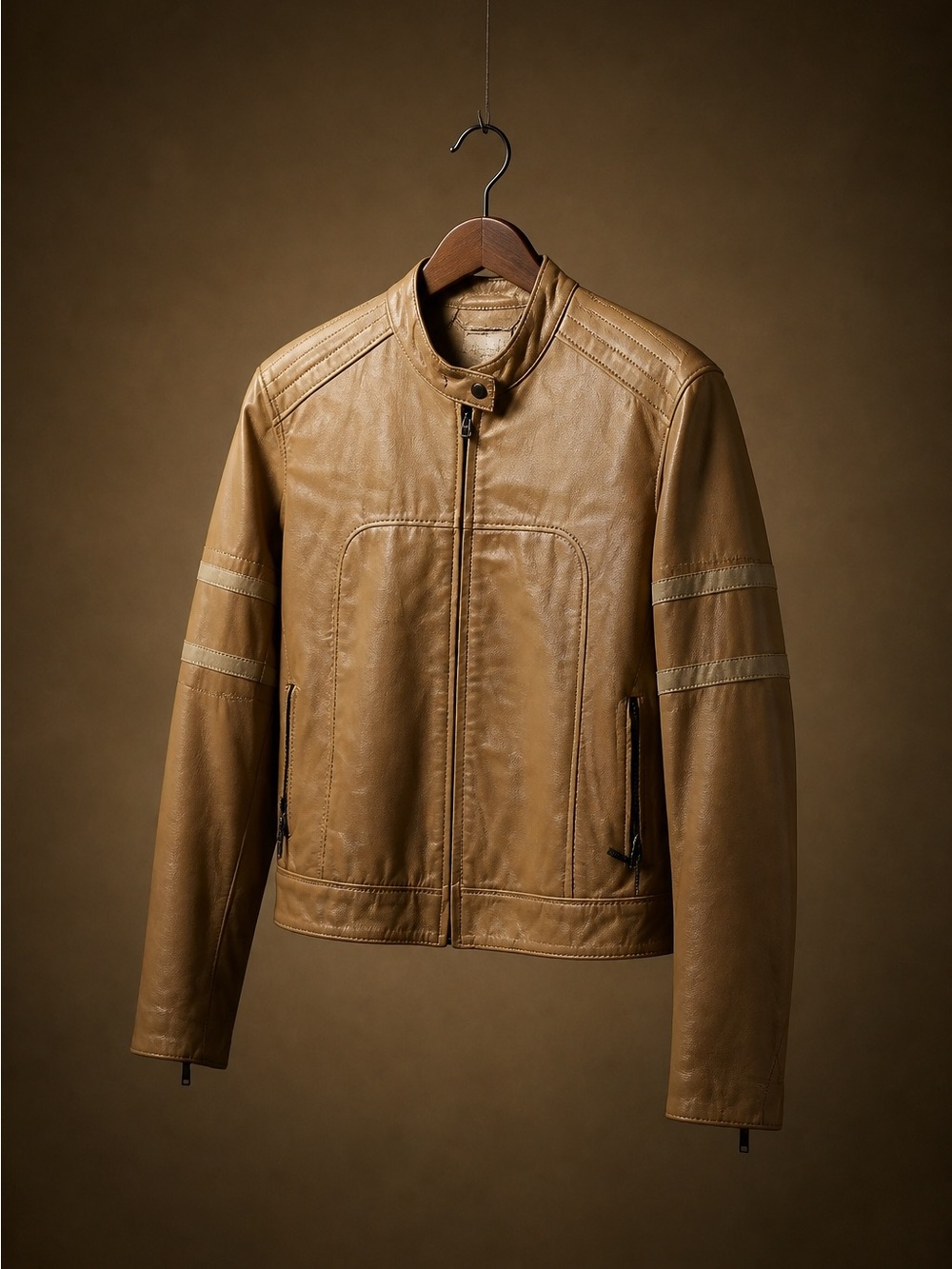 Women's Tan Leather Moto Jacket with Dual Stripe Sleeve Detail